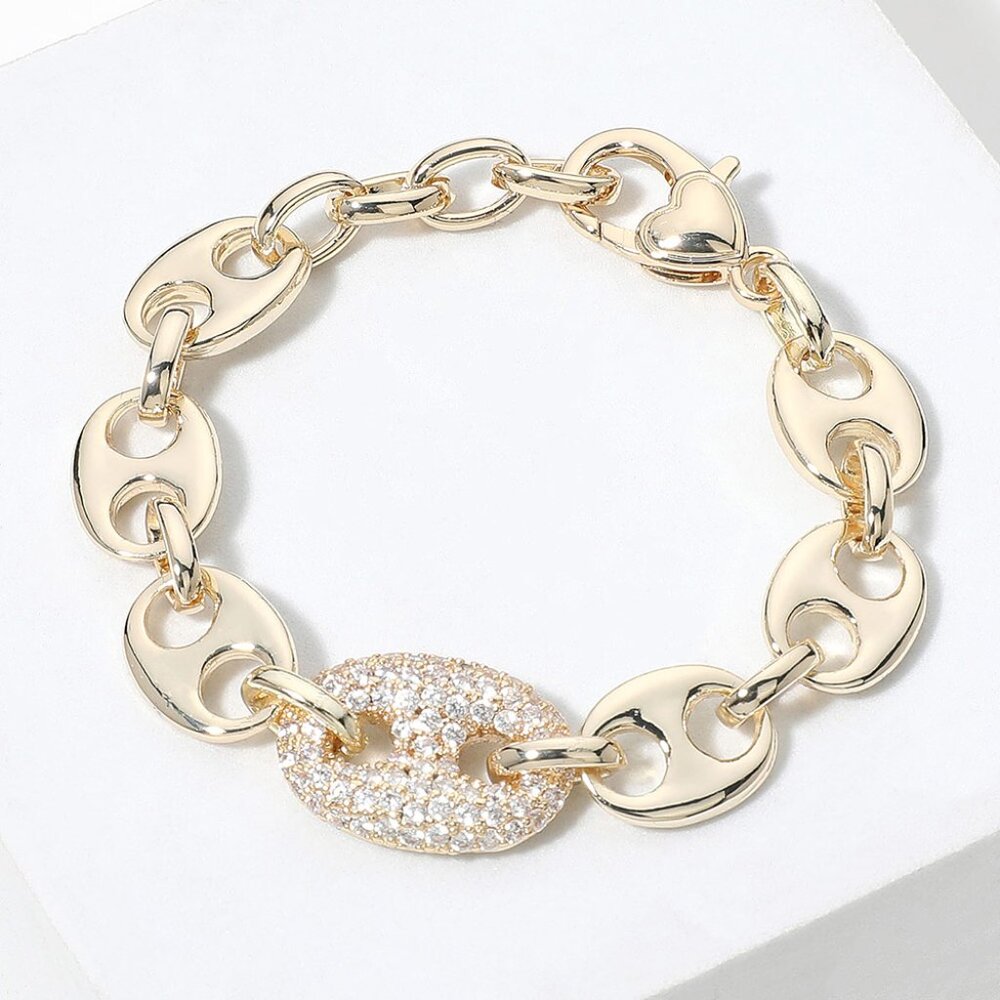 14K Gold Plated CZ Stone Pave Mariner Link Chain Bracelet